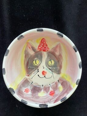Hand  painted Adorable Cat Ceramic 5.5”x3” All Purpose Bowl  By VICTORIA HEISLER